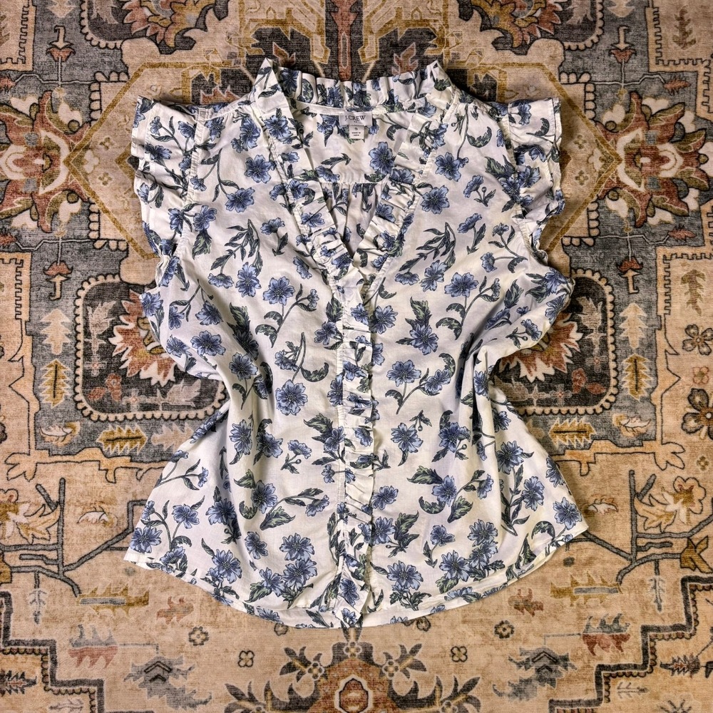 J.Crew Womens Floral Ruffle V-Neck Sleeveless Cotton Blouse Top Small Work Layer